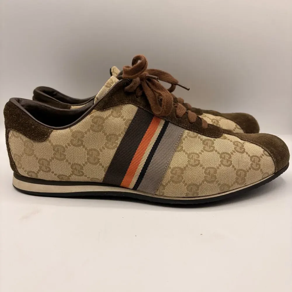 GUCCI GG Monogram Canvas Brown Suede Orange Web Lace Sneakers Sz 9G 9.5 US $995